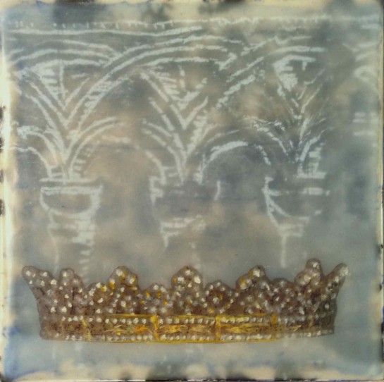 "Folktale Series:  All That Glitters" by Elizabeth M. Willey; Mixed media encaustic on panel, 4 x 4 inches, 2014 (Private collection of Elizabeth Fogt)