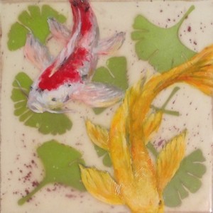Folktale Series-  Ginkgo Koi, 2015, Elizabeth M. Willey, Mixed media encaustic on Clayboard panel, 6 x 6 x .75 inches (Private collection of Erica Popp and John Q. Do)