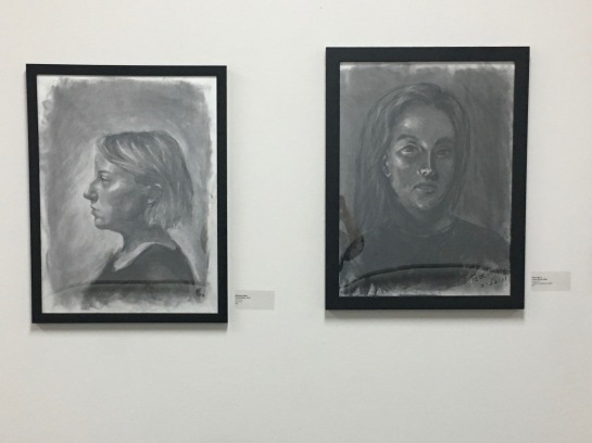 Display at Clearly Human  III, St. Louis Artists' Guild - SP18 Final Chiaroscuro Drawing Demo by Elizabeth M. Willey and Low Key Class Exercise by Peter Pagano